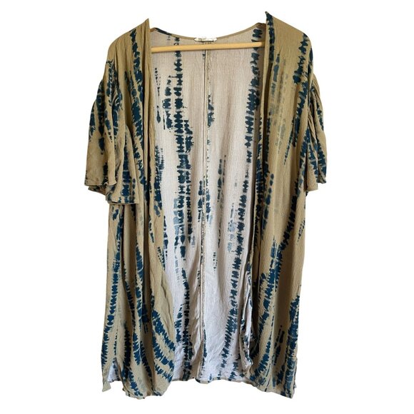 Maurices XXL Tan Blue Ikat Tie Dye Striped Kimono Open Wrap Cover Up Gauzy - Picture 1 of 7